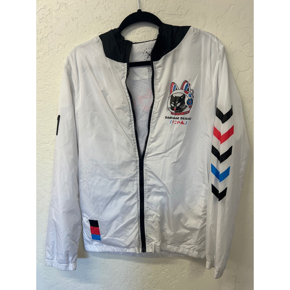 Bandage Brigade Space Cat Graphic Windbreaker Jacket White Black Mens Small